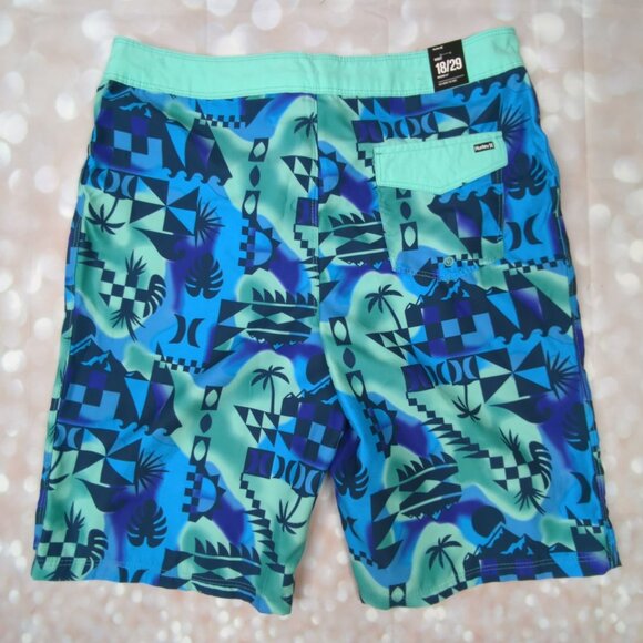 Hurley Mens Graphic Swim Trunks Size 18/29 Blue Green Polyester - Picture 5 of 12